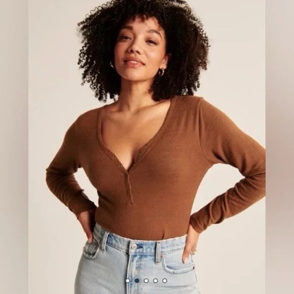 Abercrombie & Fitch Soft A&F Cozy Brown Henley Bodysuit, Size S - Picture 1 of 7